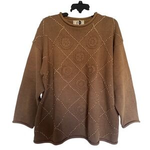 Pronto Moda Vintage Brown Beaded Crochet Diamond Knit Sweater XL Ramie Cotton